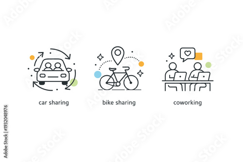 Collaborative consumption icons. A clean icon set showing car sharing, bike sharing, and coworking with soft line symbols and minimal shapes. Each icon