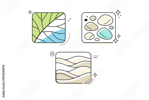 Natural macro surfaces. Abstract editorial composition showing simplified veins of leaves, mineral grains, and sand patterns, treated as graphic texture