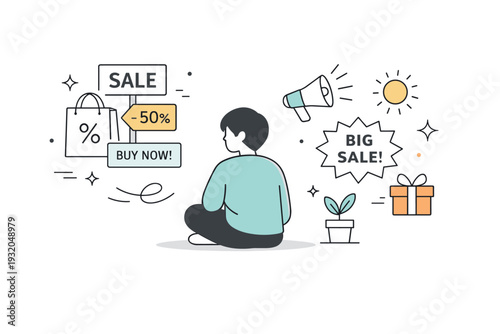 Emotional exhaustion from buying culture. A quiet scene with a person turning away from ads and sale signs. Gentle resistance and reclaiming mental space.