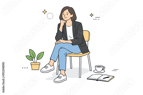 Timeless basic outfits. Person sitting on a chair wearing a classic blazer and plain top, relaxed elegance. Clean everyday fashion suitable for work and casual
