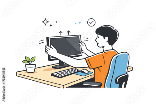 Desk ergonomics micro-adjustments. Person raising a monitor slightly while keeping relaxed posture, minimal motion cues around the screen. Healthy workstation
