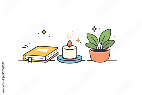 Self care. Calm interior scene with candle, book, and houseplant arranged neatly. Quiet moment of relaxation and emotional comfort. Minimalist flat vector