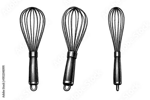 Kitchen utensil metal whisk shown in front view, rotated three-quarter view, and side profile as a single isolated object set. Black and white dot style with