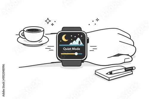 Screens left unlocked. Smartwatch screen lit on a wrist resting on a table. Small glowing interface suggesting quiet time passing. Minimalist flat vector