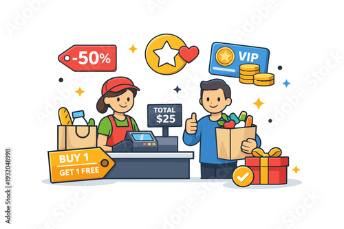 Supermarket promotions represented as a lively checkout scene with highlighted discounts and reward symbols, suggesting satisfaction, loyalty programs, and