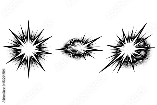 Halftone explosive starburst with long rays shown as a single object presented in three views: front view, side view, and three-quarter view. Black and white