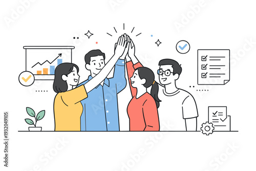 High five project success. A calm editorial scene of a team celebrating a finished project with a collective high five. Charts or checkmarks subtly reinforce