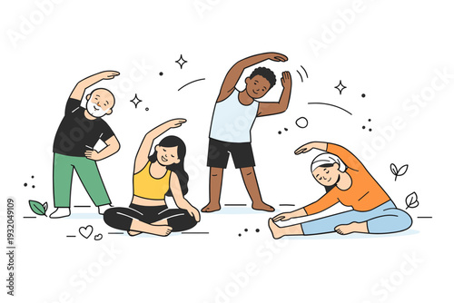 Wellness through movement. A diverse group gently stretching together in nature, connected by relaxed postures and open space. The scene communicates balance,