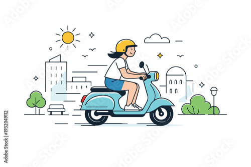 Scooter rides in summer cities. Minimal city scene with scooter, rider, and simplified buildings, motion lines suggesting gentle speed. Freedom of movement and