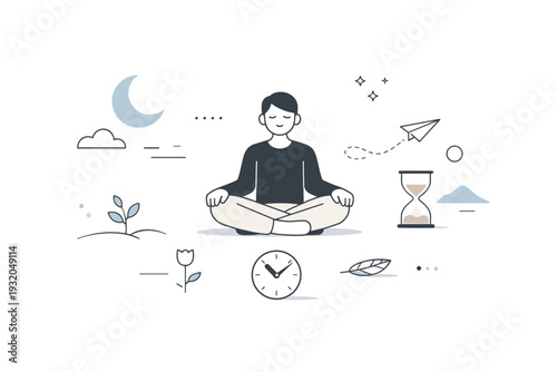 Slow time visuals. A large airy composition shows a person existing quietly in space, with long pauses suggested through emptiness and gentle light. The mood