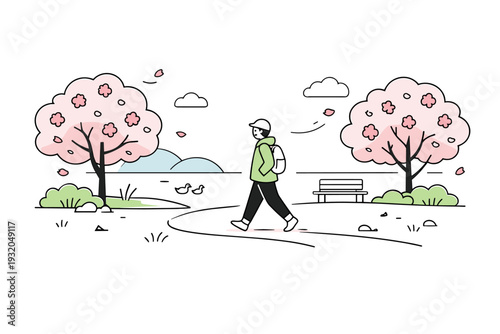 Quiet cherry blossom walk. A simple park setting with blooming trees and one walker moving at an unhurried pace. Solitude, freshness, and seasonal calm.