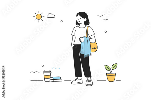 Scarves carried not worn. A scarf rests over an arm or bag strap as a person stands still in an open space. The mood conveys light preparedness and everyday