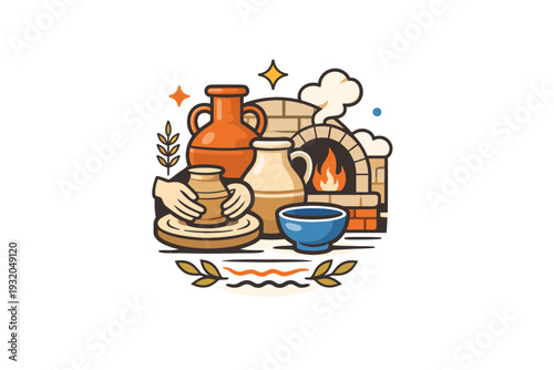 Pottery and ceramics making highlighting traditional craftsmanship and handmade objects. A symbolic badge-style scene with classic pottery shapes, kiln hints
