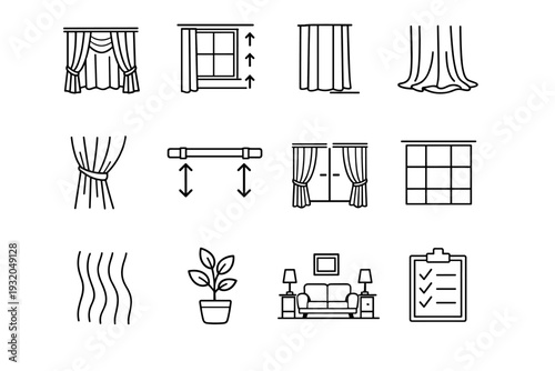 Curtain styling tips. Line icon set of curtain styling tips: layered curtains, curtain length guide, floor length hem, puddle style curtain, tieback position,