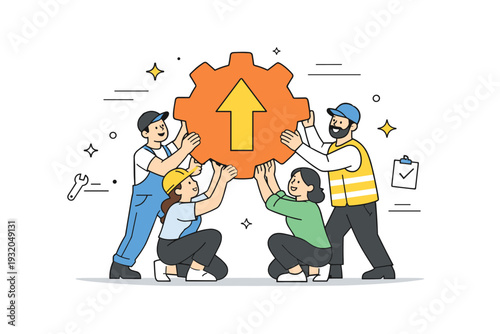 Workers unity support. A friendly scene of workers helping each other lift a symbolic object together, representing shared effort and responsibility. The mood