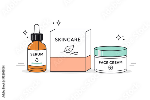 Modern skincare product mockup. Serum bottle, cream jar, and box packaging neatly aligned in a balanced composition. Professional cosmetic branding scene with