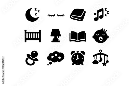 Sleep time icons. Solid icon set of Sleep time icons: sleeping moon, closed eyes, blanket, lullaby music note, crib, night lamp, bedtime book, yawning baby