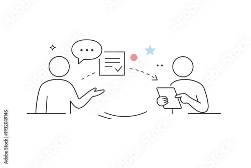 Abstract minimal line art. An editorial scene formed by simple linear shapes and symbols, suggesting interaction or movement through minimal visual cues. Calm