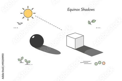Sun and shadow interaction illustration. Simple spheres and cubes casting long shadows at equinox sun angle, calm and analytical mood. Friendly visual study of