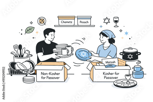 Swapping kitchenware. Calm moment of replacing regular dishes with Passover-specific utensils and cookware. Respectful routine, organization, soft icons like