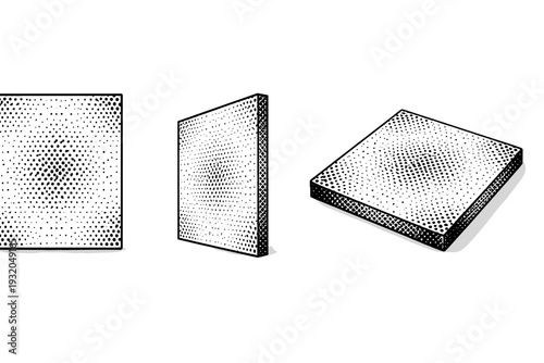 Sparse dot pattern tile shown as a single low-density pattern tile object displayed in three views: front view, side view, and three-quarter view with open