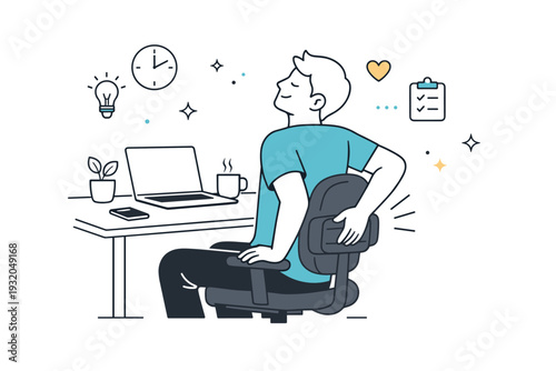 Desk ergonomics micro-adjustments. Remote worker pausing to adjust lumbar support and stretch slightly at the desk. Gentle reminder of self-care during focused