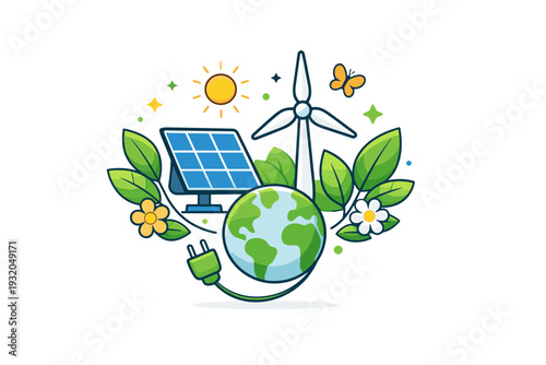 Green energy spring concept renewable energy symbols combined with fresh leaves and small flowers, expressing sustainability, growth and a positive seasonal