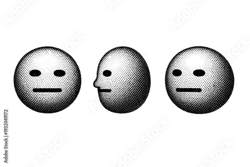 Emoji face icon with neutral expression depicted as a single graphic object shown in front view, side view, and three-quarter view with consistent proportions.
