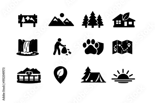 Nature friendly destinations. Solid icon set of Nature friendly destinations: national park sign, mountain landscape, forest trees, eco lodge, waterfall, beach