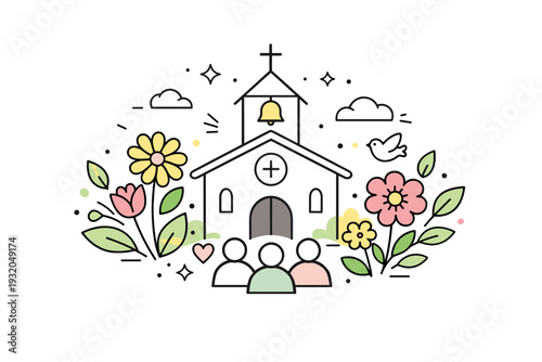 Spring church celebration graphics. Abstract church facade surrounded by blooming flowers and soft leaves. Sense of joy, rebirth, and community expressed
