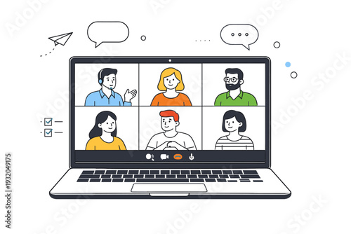 Remote team call. Several video tiles visible on a laptop screen, people listening and talking. Clear connection, teamwork, modern work routine. Minimalist