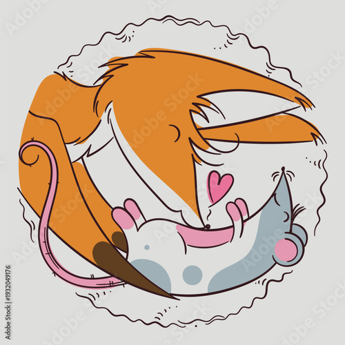 Friends playing. Favorite pet. Kiss on the tummy. A cartoon fox drawn in a simple outline style. Vector illustration of a cheerful animal.
