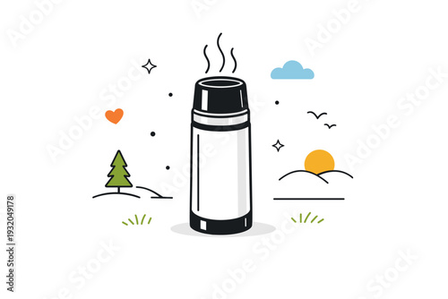 Thermos cups outdoors as a visual metaphor. A single thermos centered in open space with gentle steam and abstract elements. Symbol of warmth, pause, and