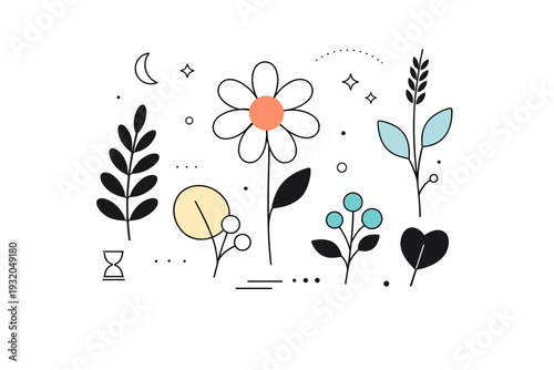 Herbarium style backgrounds. Abstract plant forms flattened into simple shapes, suggesting dried specimens without realism. Peaceful modern composition