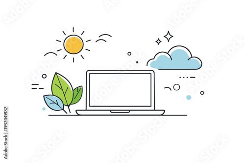 Remote work outdoors. Abstract composition of laptop, sun, leaves, and cloud symbols arranged in harmony. Conceptual view of flexible work lifestyle and
