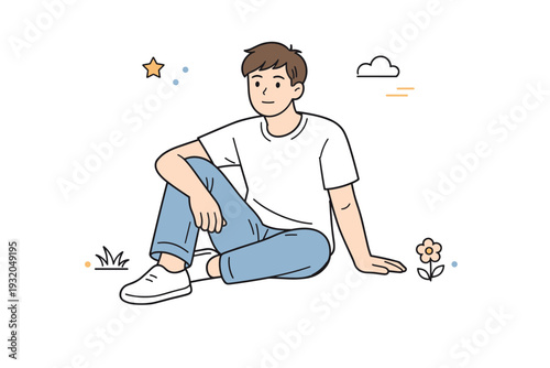People without styling effort. Individual sitting casually with relaxed shoulders, basic t-shirt and jeans, no accessories. Natural comfort, unpolished daily