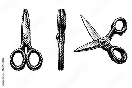 Pair of sewing scissors shown as a single object presented in three views: closed front view, side view, and slightly open three-quarter view emphasizing blade