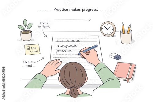 Mindful handwriting with guide sheets. A person using lined or dotted practice sheets to improve handwriting in a peaceful home setup. The mood is slow,