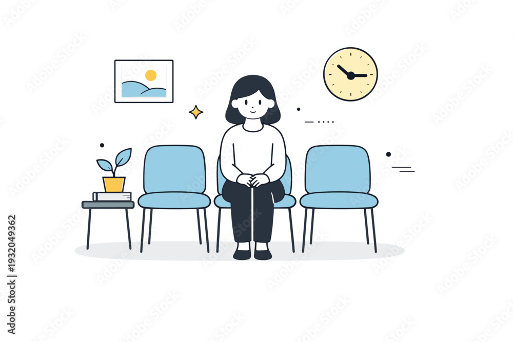 Fototapeta premium Everyday boredom realism. Scene of a waiting area with a single figure quietly sitting, hands in lap, minimal decor. Slow, patient, and uneventful moments made
