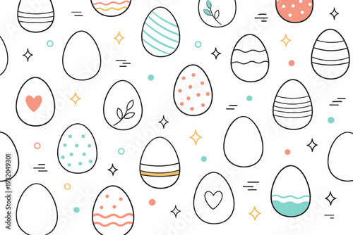 Minimal Easter patterns ? abstract eggs. Simplified egg shapes with delicate line details and soft variations, forming a modern repeating pattern. Calm