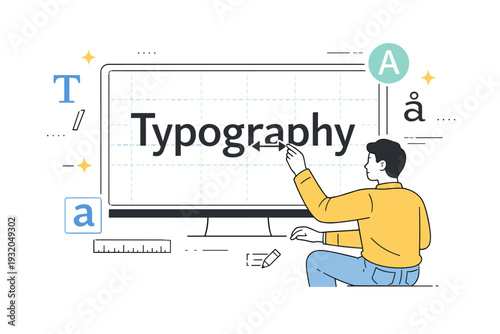 Typography. A designer carefully adjusting letter spacing on a large screen, focused on clean text composition. The scene highlights precision and visual
