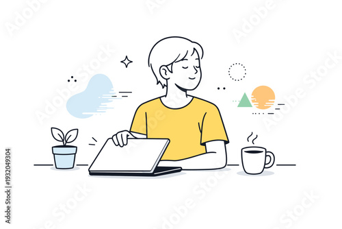 Need for digital detox. A calm moment where a person turns away from a screen, closing a laptop as gentle abstract shapes fade out. The scene suggests relief,