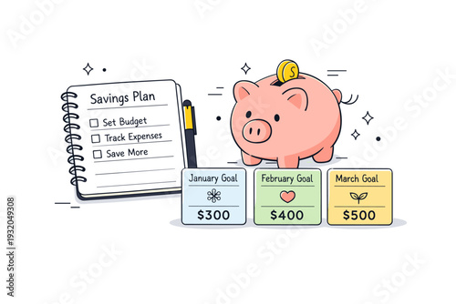 Personal savings planning. A clean editorial scene with a notebook, piggy bank, and monthly goal cards arranged neatly on a desk. The atmosphere