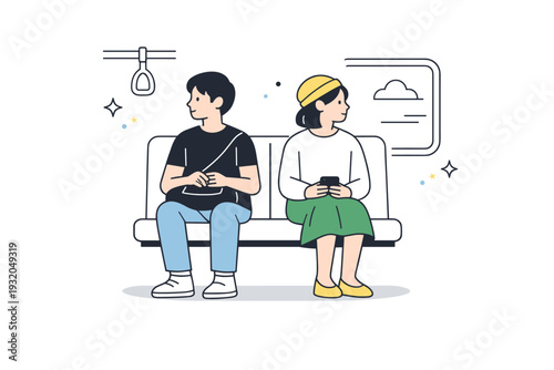 Avoided eye contact moments. Two passengers sit side by side on public transport, staring forward or out the window. Quiet tension and mutual respect for