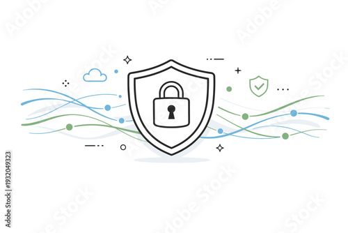 Cybersecurity background. A clean abstract scene with a shield icon, lock symbol, and flowing data lines forming a calm protective space. Sense of safety and