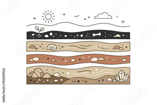 Earth layer texture concept. Abstract horizontal shapes reference soil layers, sediment, and natural stratification in a clean editorial layout. The scene