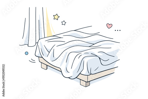 Wrinkled bed sheets. Bed corner with fabric softly gathered and light falling through curtains nearby. Subtle morning serenity expressed through folds and