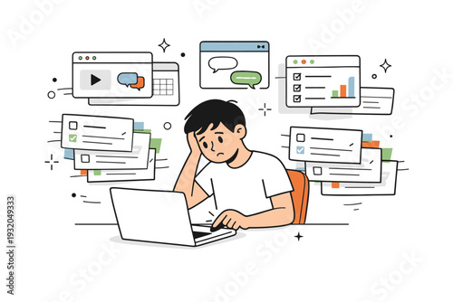 Digital tool switching fatigue. A character clicks between multiple tabs and apps, with duplicated task cards drifting slightly apart, showing fragmentation of
