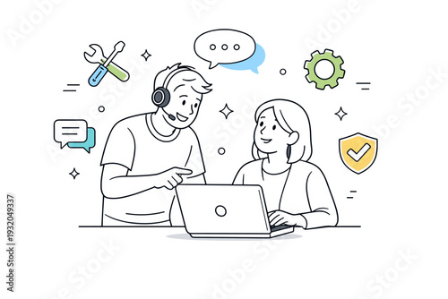 IT specialist support. A friendly IT technician helping a colleague with a laptop issue, abstract floating icons of tools, gears, and chat bubbles,