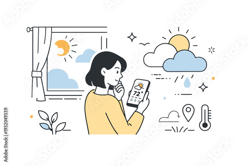 People checking weather apps. A person near a window holding a phone with a weather forecast, light coming from outside. Quiet morning decision-making,